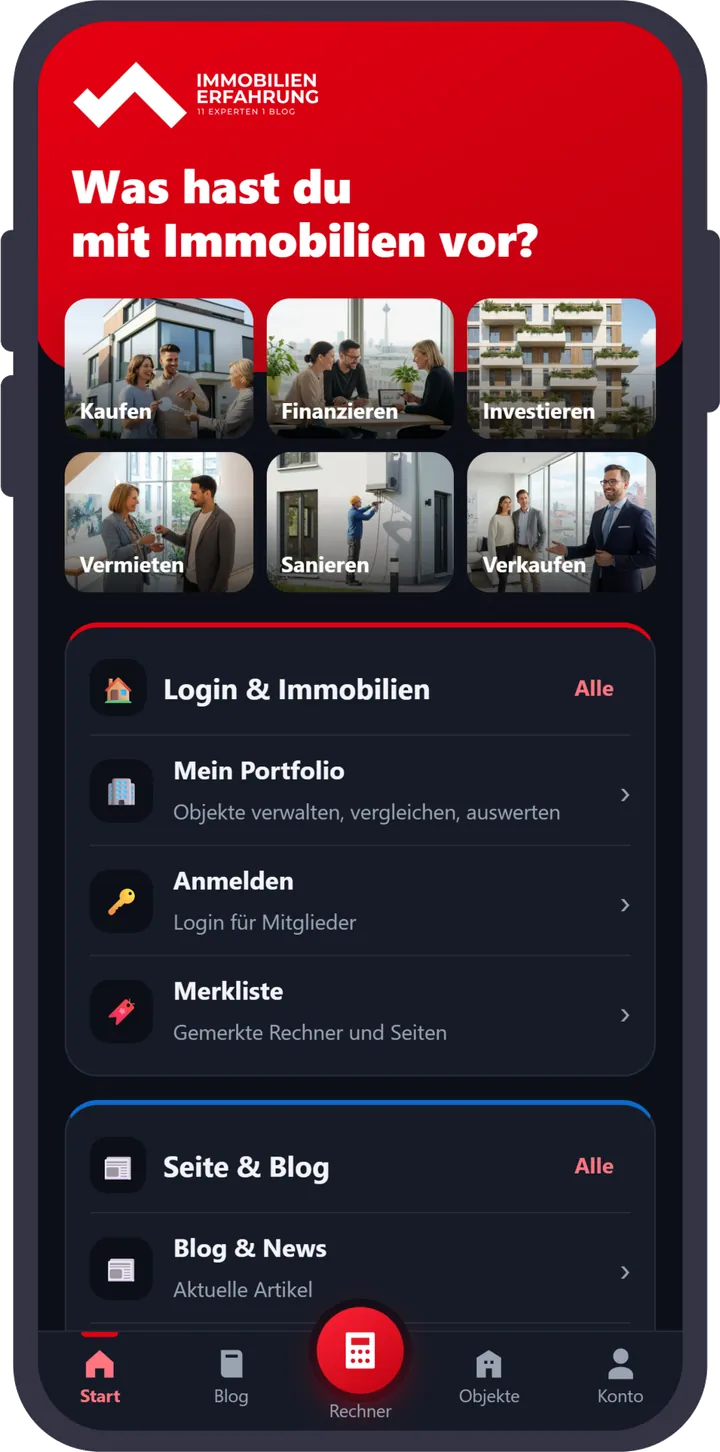Immobilien-Erfahrung App auf dem iPhone: Startseite mit Kaufen, Finanzieren, Vermieten und Investieren