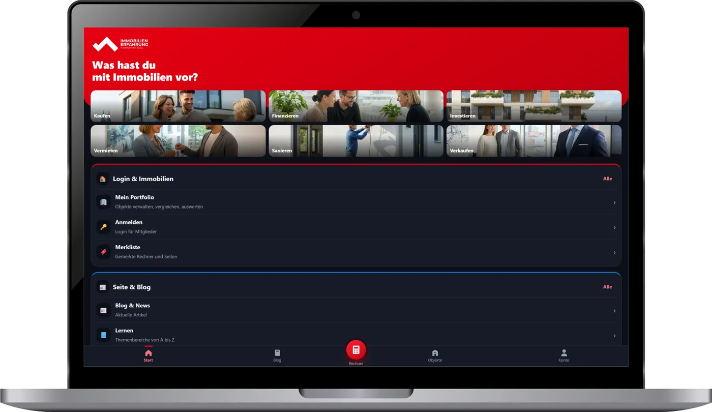Immobilien-Erfahrung App auf Chromebook, Tablet und Laptop: Startseite